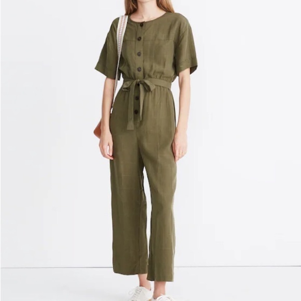 Olive Button-Front Tie-Waist Jumpsuit